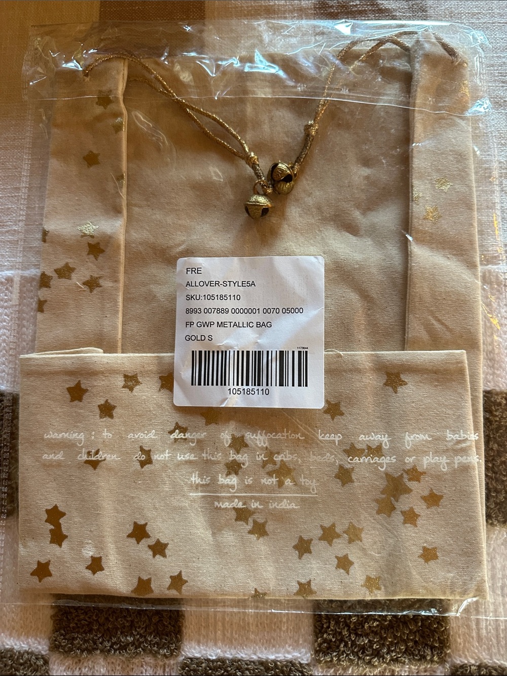 Free People canvas Gold Star Metallic Holiday Gift Bag NWT